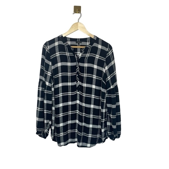 Talbots Collarless Plaid Puff Sleeve Tunic Blouse in Black/White Size M - Picture 1 of 10